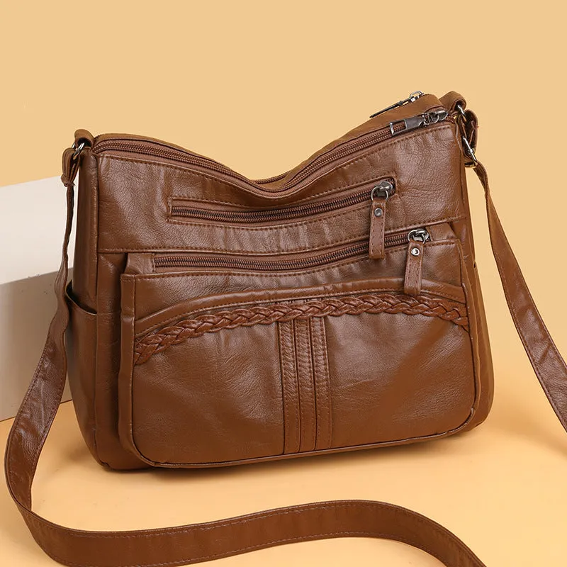 Large capacity multi-compartment PU cross-body bag for women, small square shape, brown colour