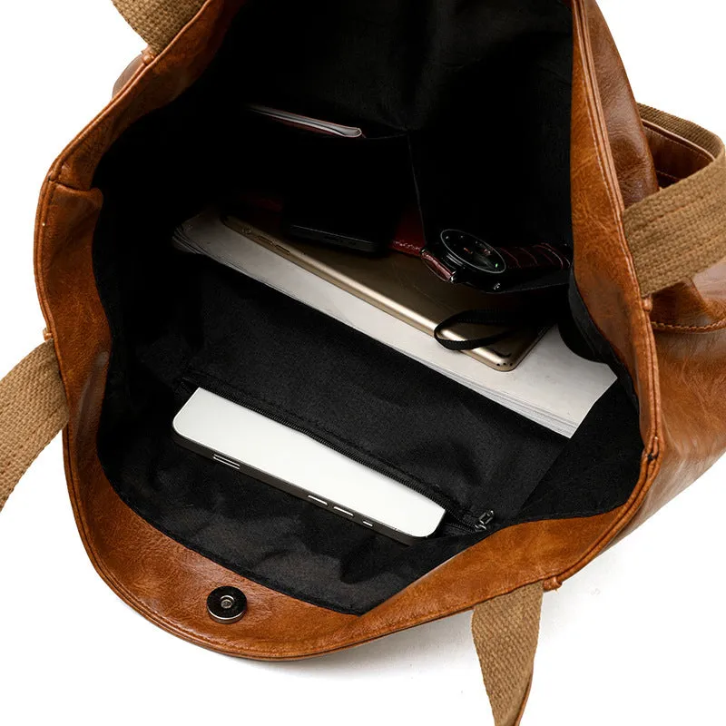 Retro oil wax PU women's shoulder bag in brown, horizontal square shape with sandwich pocket and sewing thread detailing