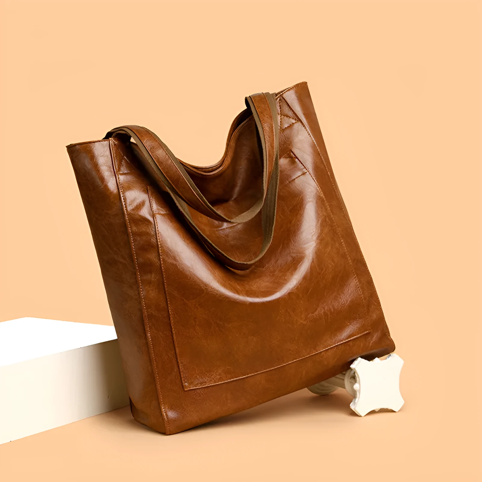 Retro oil wax PU women's shoulder bag in brown, horizontal square shape with sandwich pocket and sewing thread detailing