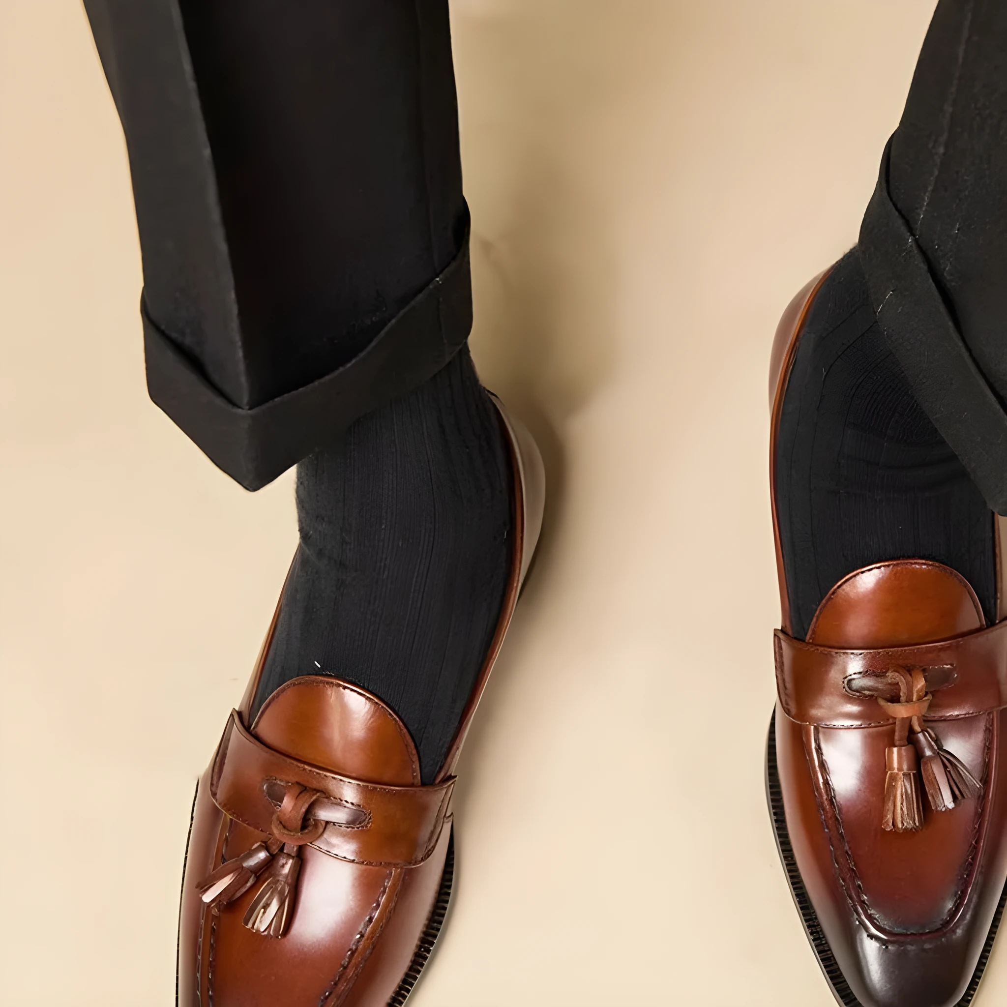 Men's polished leather tassel loafers in black and brown with pigskin lining and rubber sole