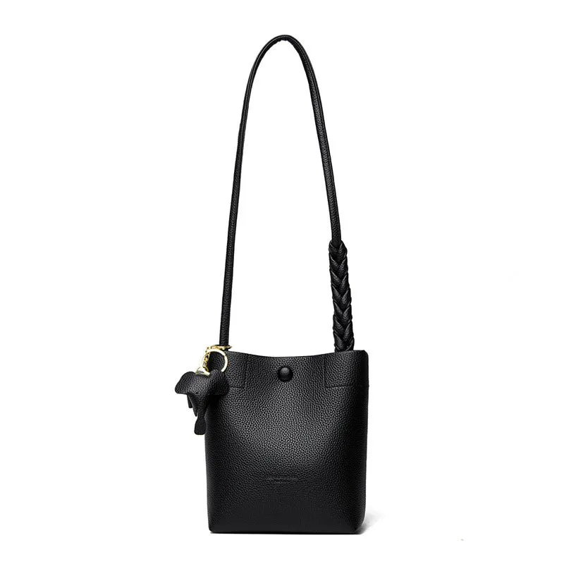 Women's soft genuine leather multilayer phone crossbody bag, square vertical shape, black colour, 20cm height