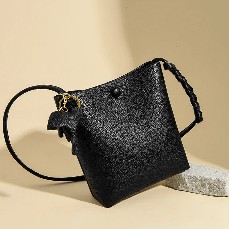 Women's soft genuine leather multilayer phone crossbody bag, square vertical shape, black colour, 20cm height