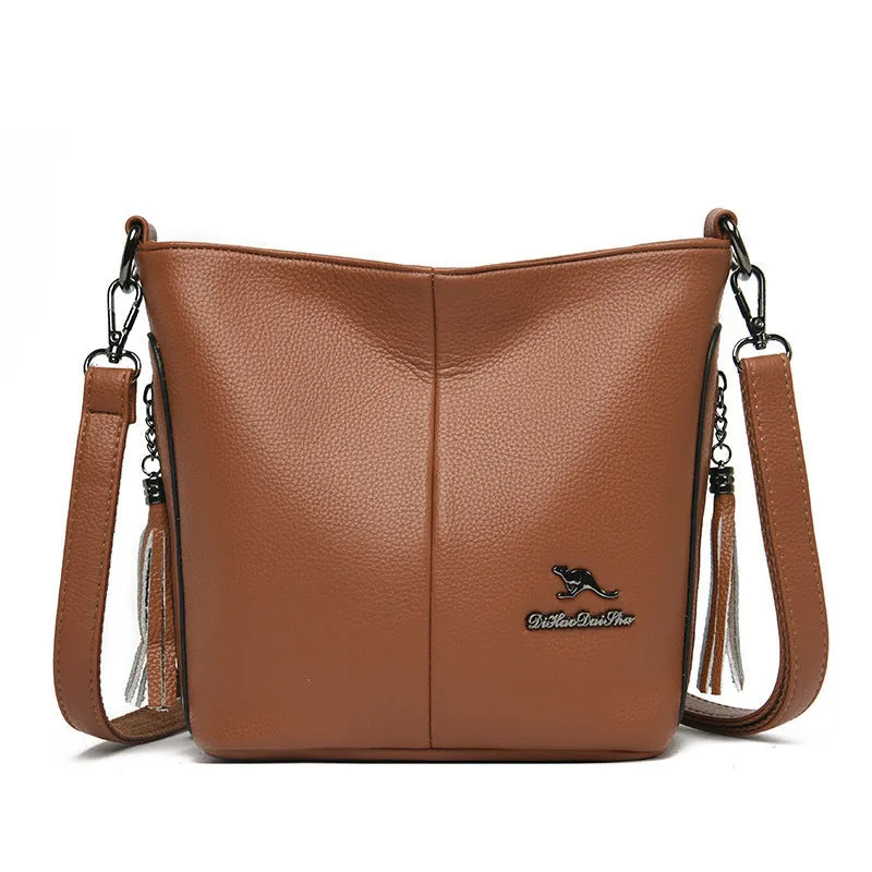 Women's large capacity soft PU leather bucket bag in five colours red green blue black yellow with slit pocket