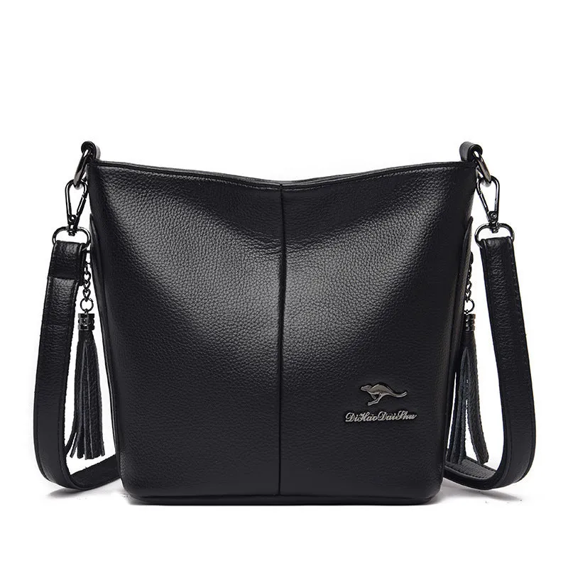 Women's large capacity soft PU leather bucket bag in five colours red green blue black yellow with slit pocket