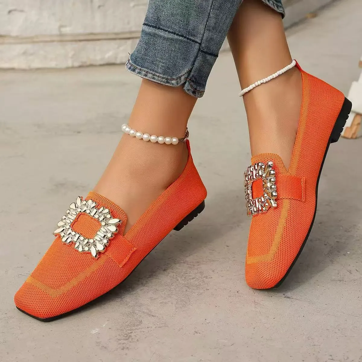 Flyknit slip-on square toe rhinestone flat shoes for women in plus sizes low heel 1-3cm