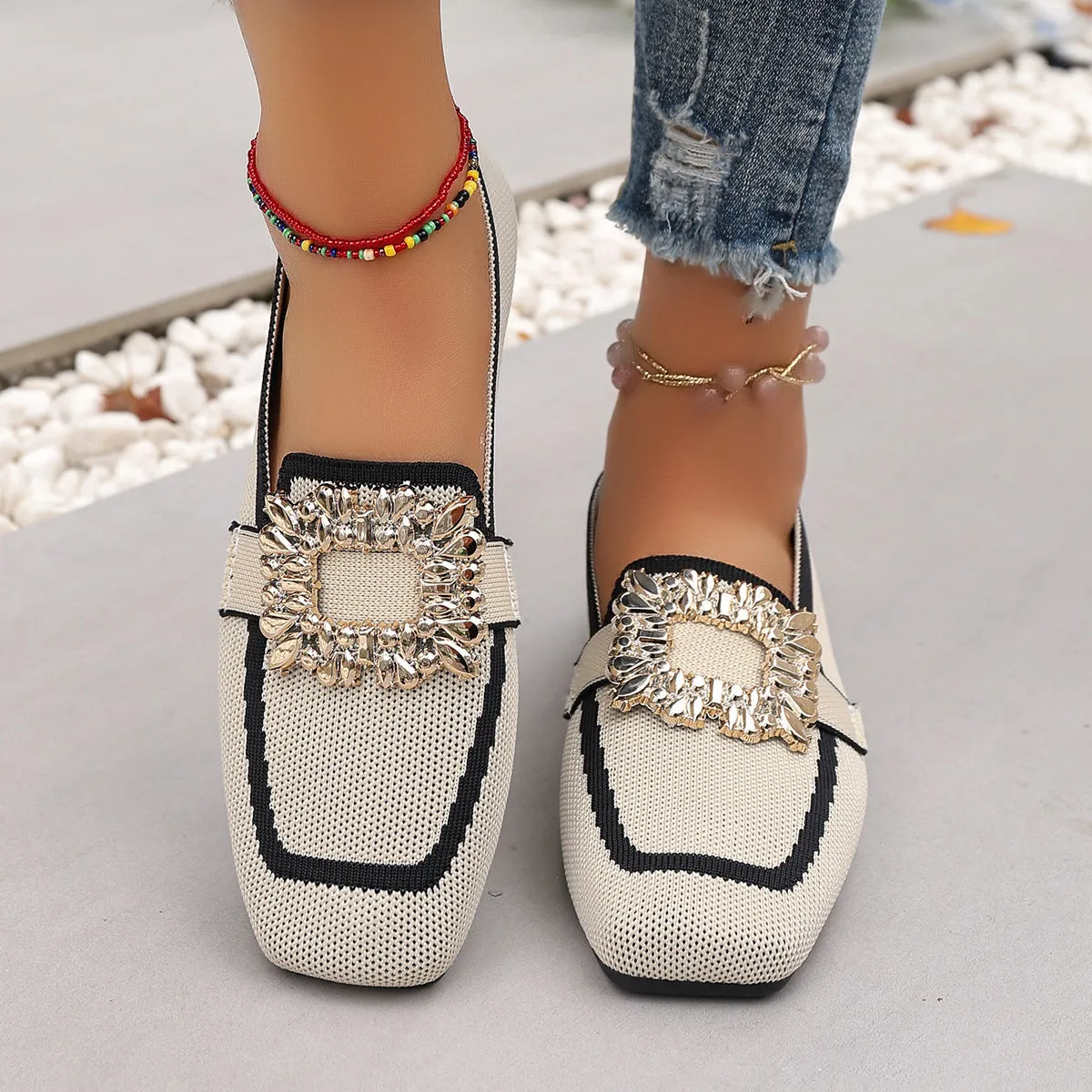 Flyknit slip-on square toe rhinestone flat shoes for women in plus sizes low heel 1-3cm