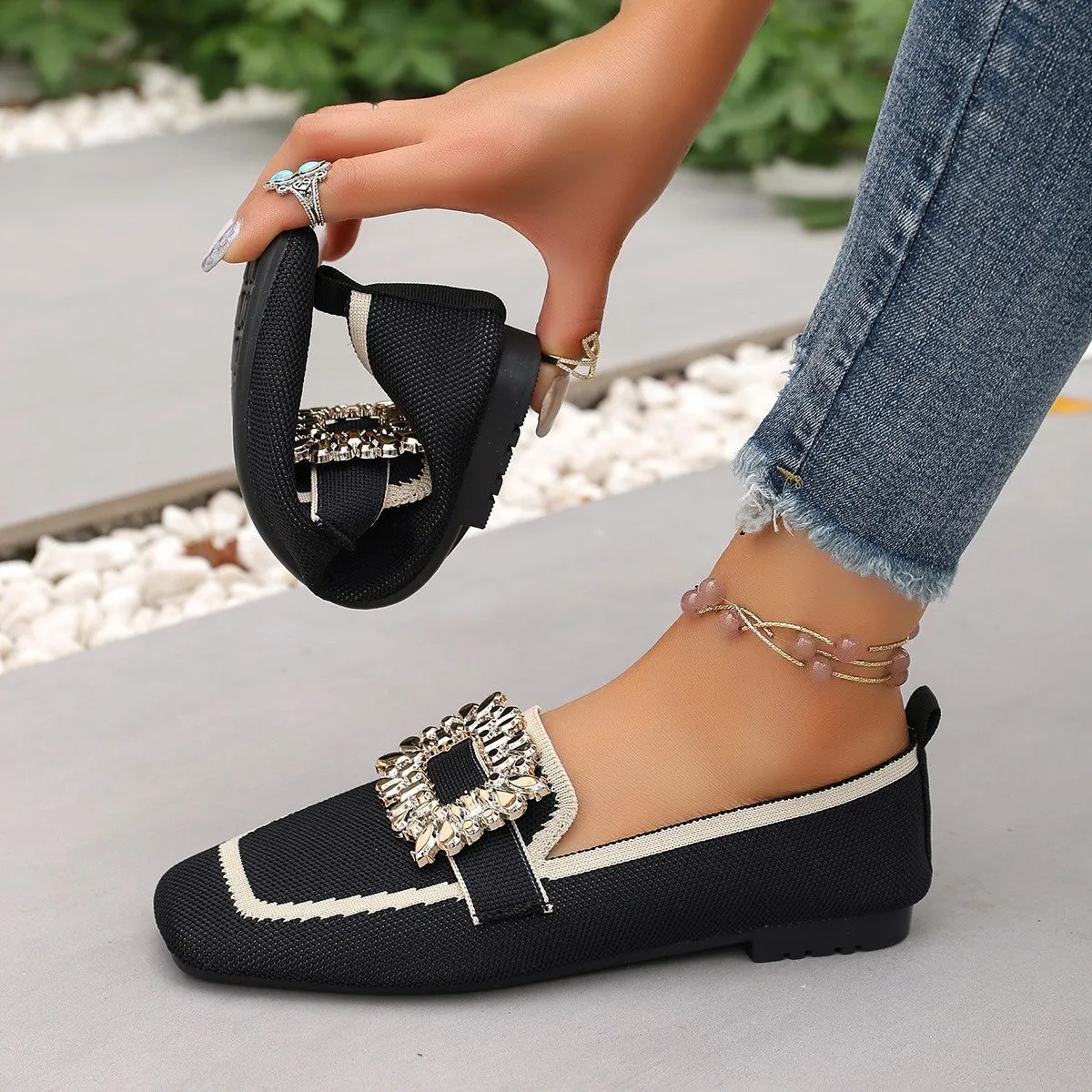 Flyknit slip-on square toe rhinestone flat shoes for women in plus sizes low heel 1-3cm