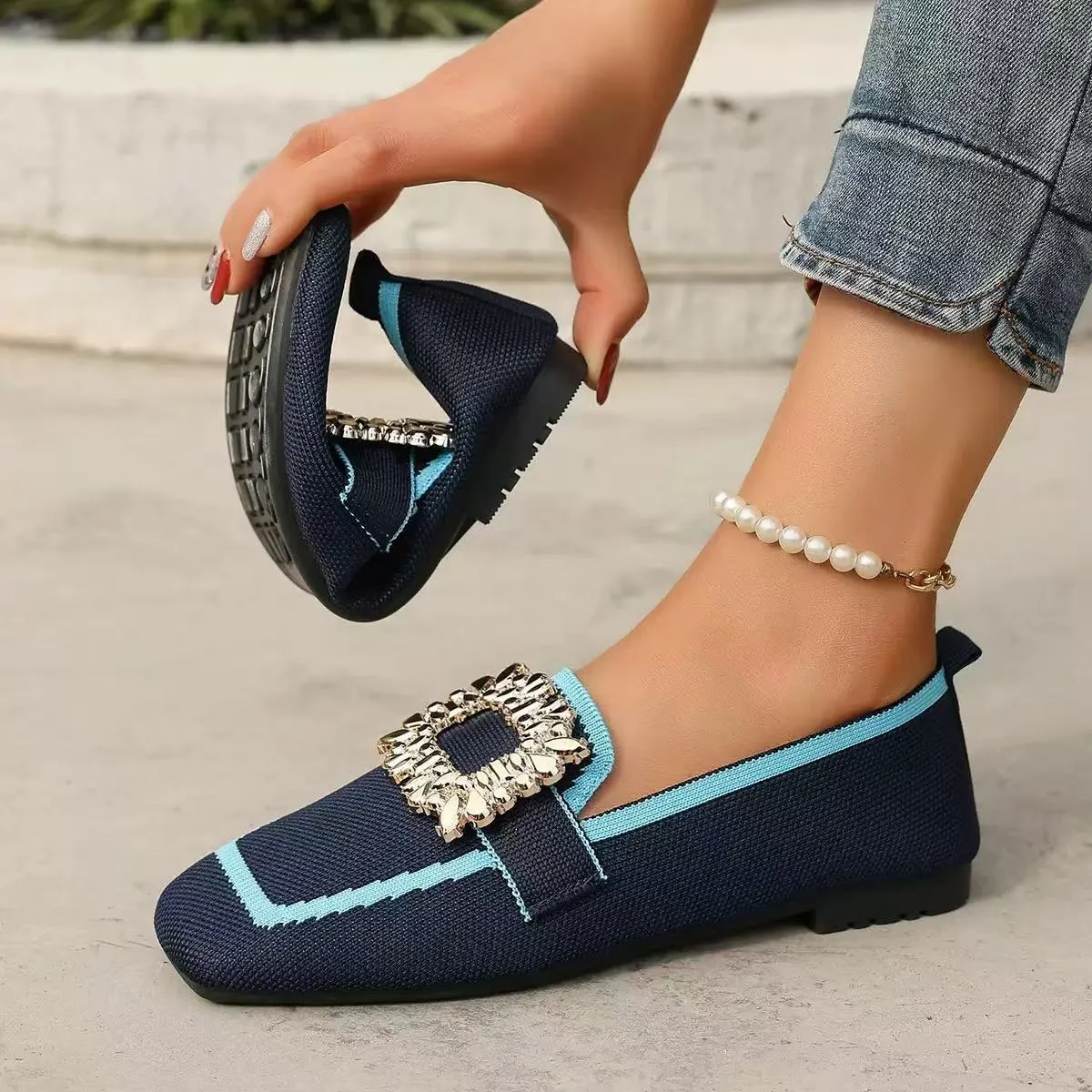 Flyknit slip-on square toe rhinestone flat shoes for women in plus sizes low heel 1-3cm