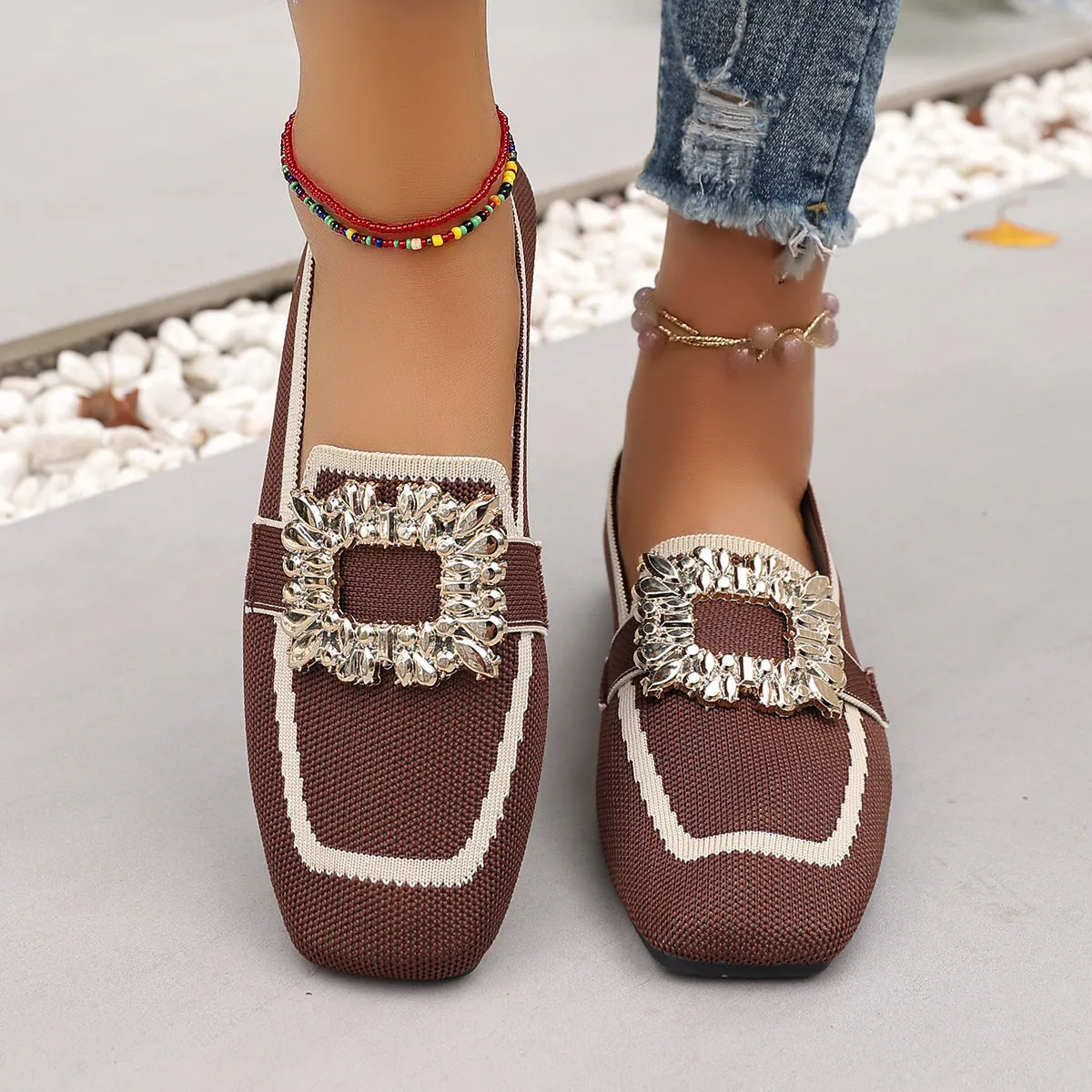 Flyknit slip-on square toe rhinestone flat shoes for women in plus sizes low heel 1-3cm