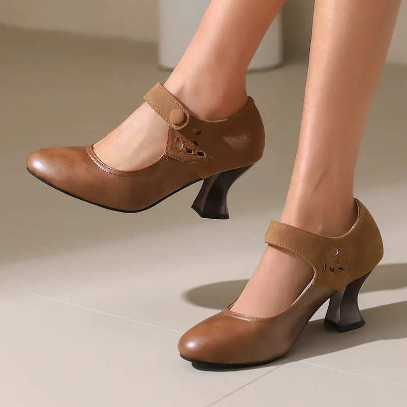 Women's round toe buckle shoes with chunky heel and rubber sole, black colour, low top design