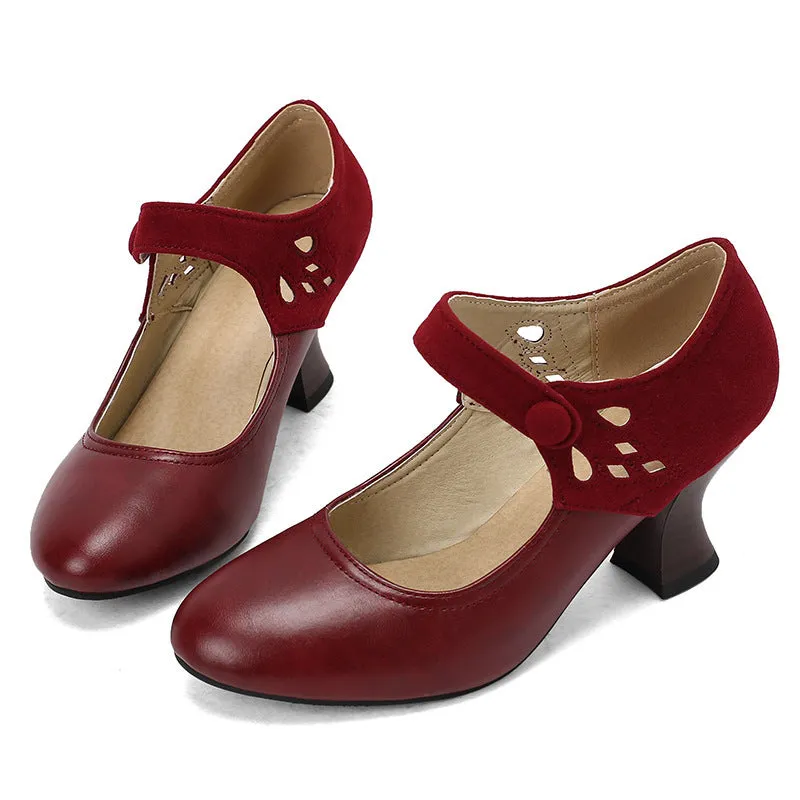 Women's round toe buckle shoes with chunky heel and rubber sole, black colour, low top design