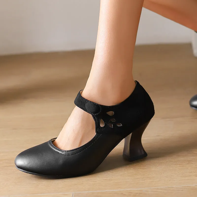 Women's round toe buckle shoes with chunky heel and rubber sole, black colour, low top design