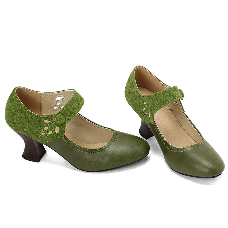 Women's round toe buckle shoes with chunky heel and rubber sole, black colour, low top design