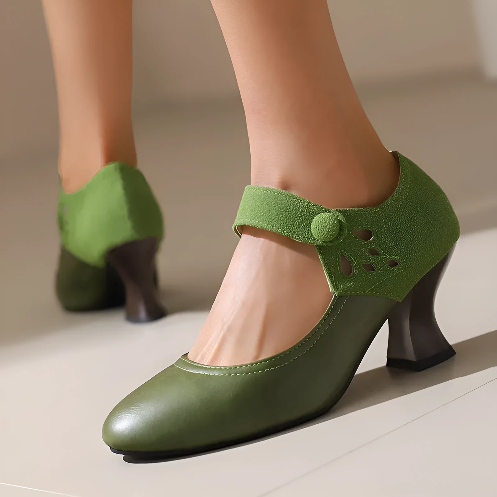 Women's round toe buckle shoes with chunky heel and rubber sole, black colour, low top design