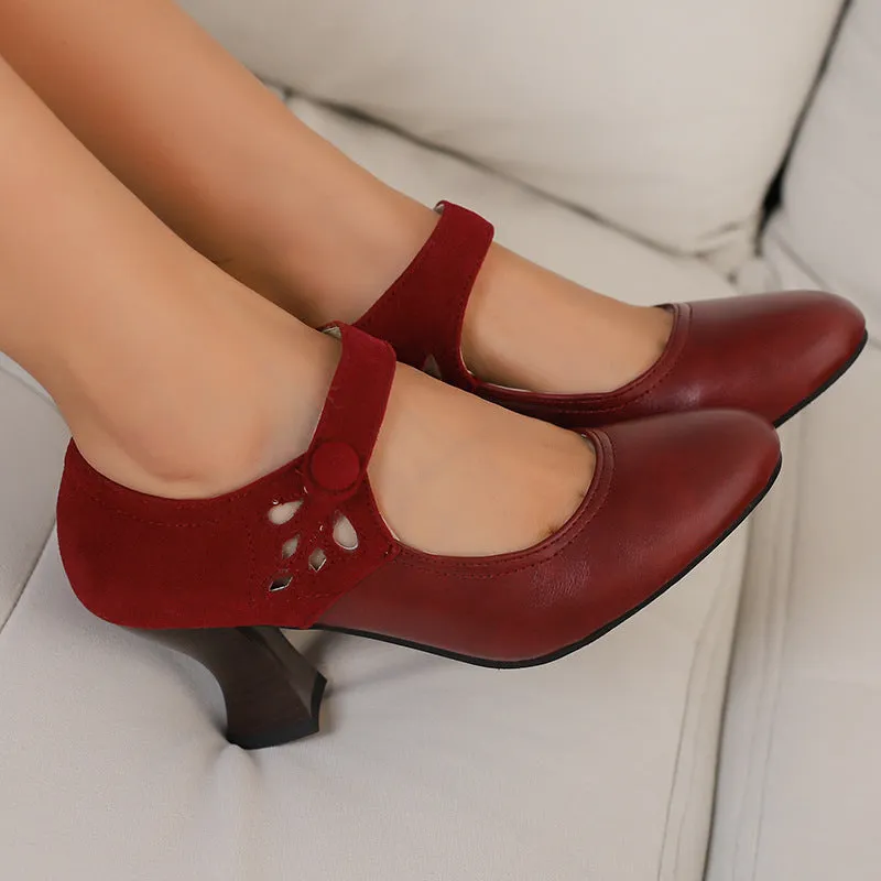 Women's round toe buckle shoes with chunky heel and rubber sole, black colour, low top design
