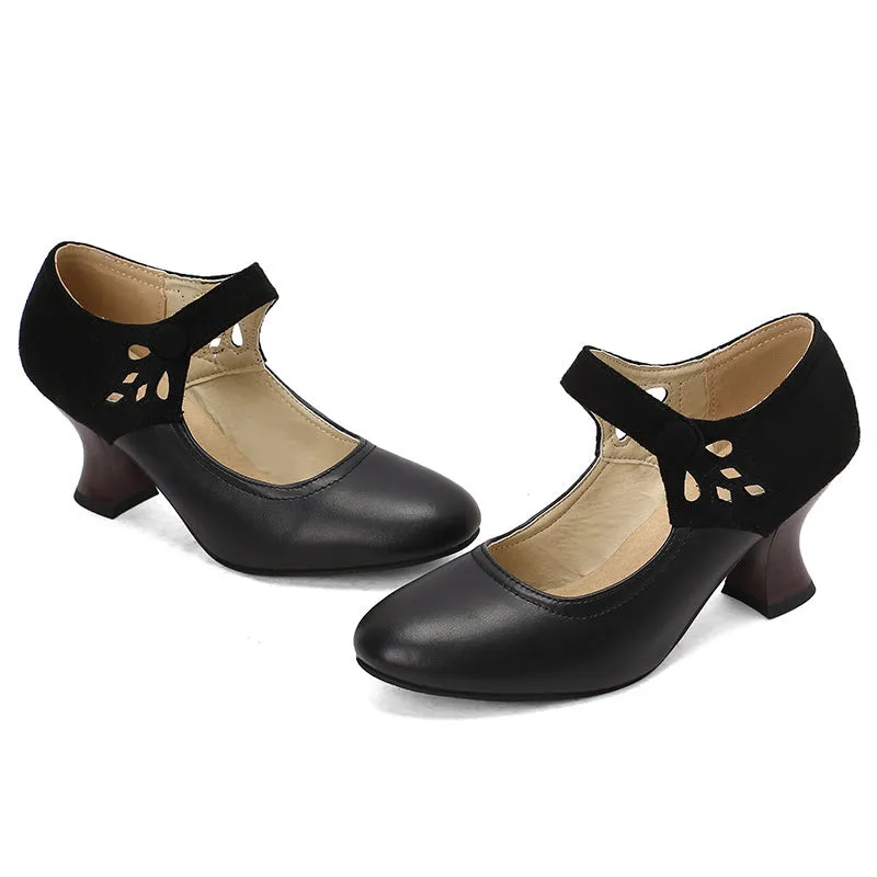 Women's round toe buckle shoes with chunky heel and rubber sole, black colour, low top design