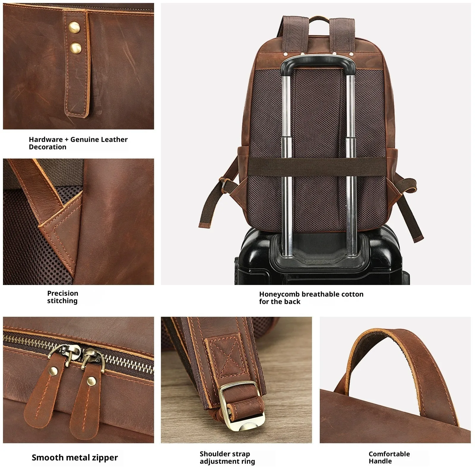 Men's genuine leather backpack in coffee colour, 31x15x41cm, with airpillow straps and retro styling