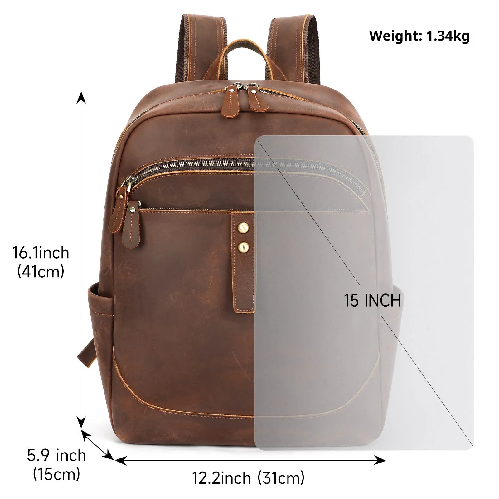 Men's genuine leather backpack in coffee colour, 31x15x41cm, with airpillow straps and retro styling