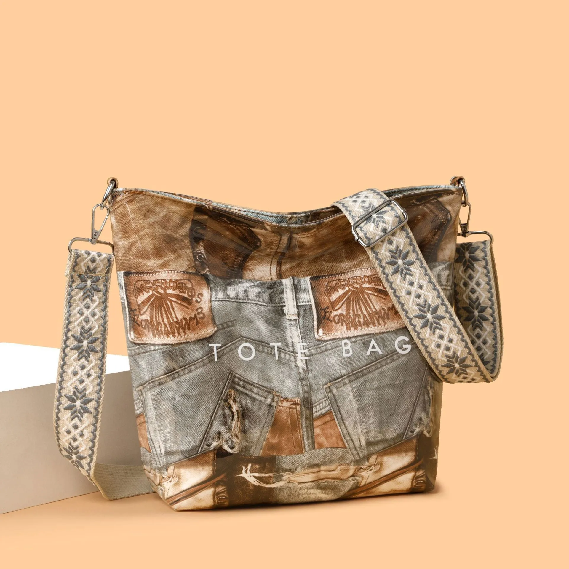 Large capacity retro patchwork PVC tote bag in pink with sandwich pocket and single shoulder strap