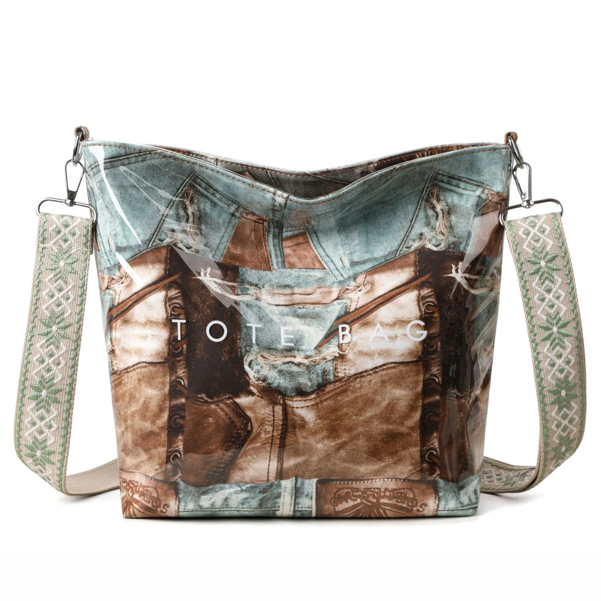 Large capacity retro patchwork PVC tote bag in pink with sandwich pocket and single shoulder strap