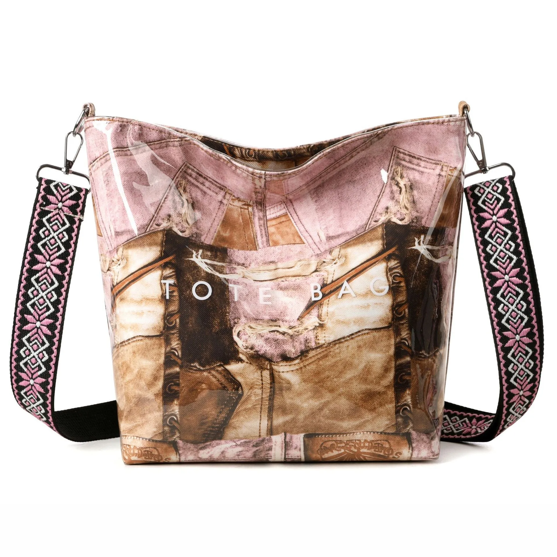 Large capacity retro patchwork PVC tote bag in pink with sandwich pocket and single shoulder strap