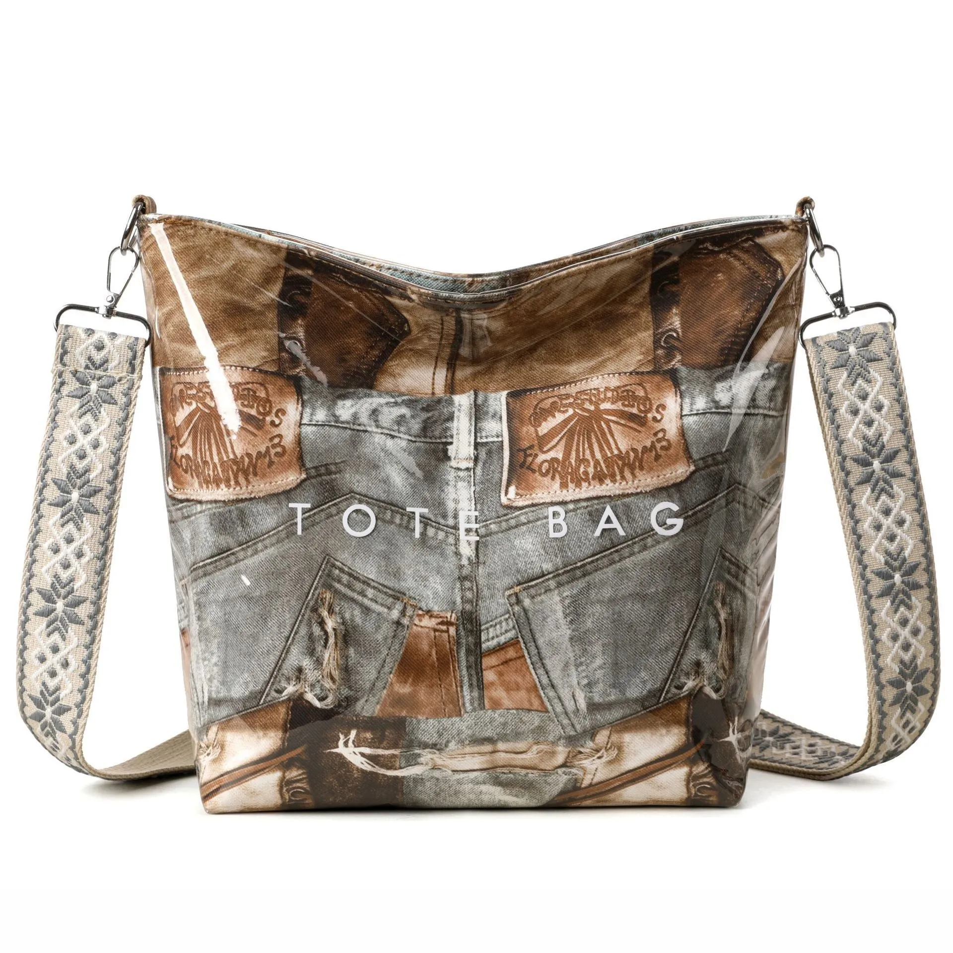 Large capacity retro patchwork PVC tote bag in pink with sandwich pocket and single shoulder strap
