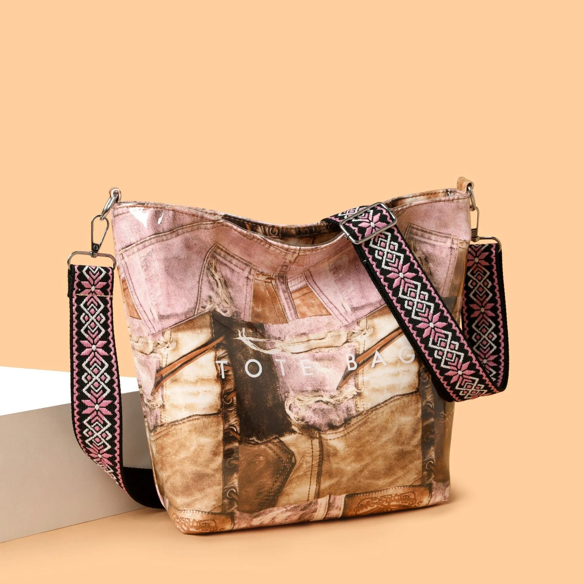 Large capacity retro patchwork PVC tote bag in pink with sandwich pocket and single shoulder strap