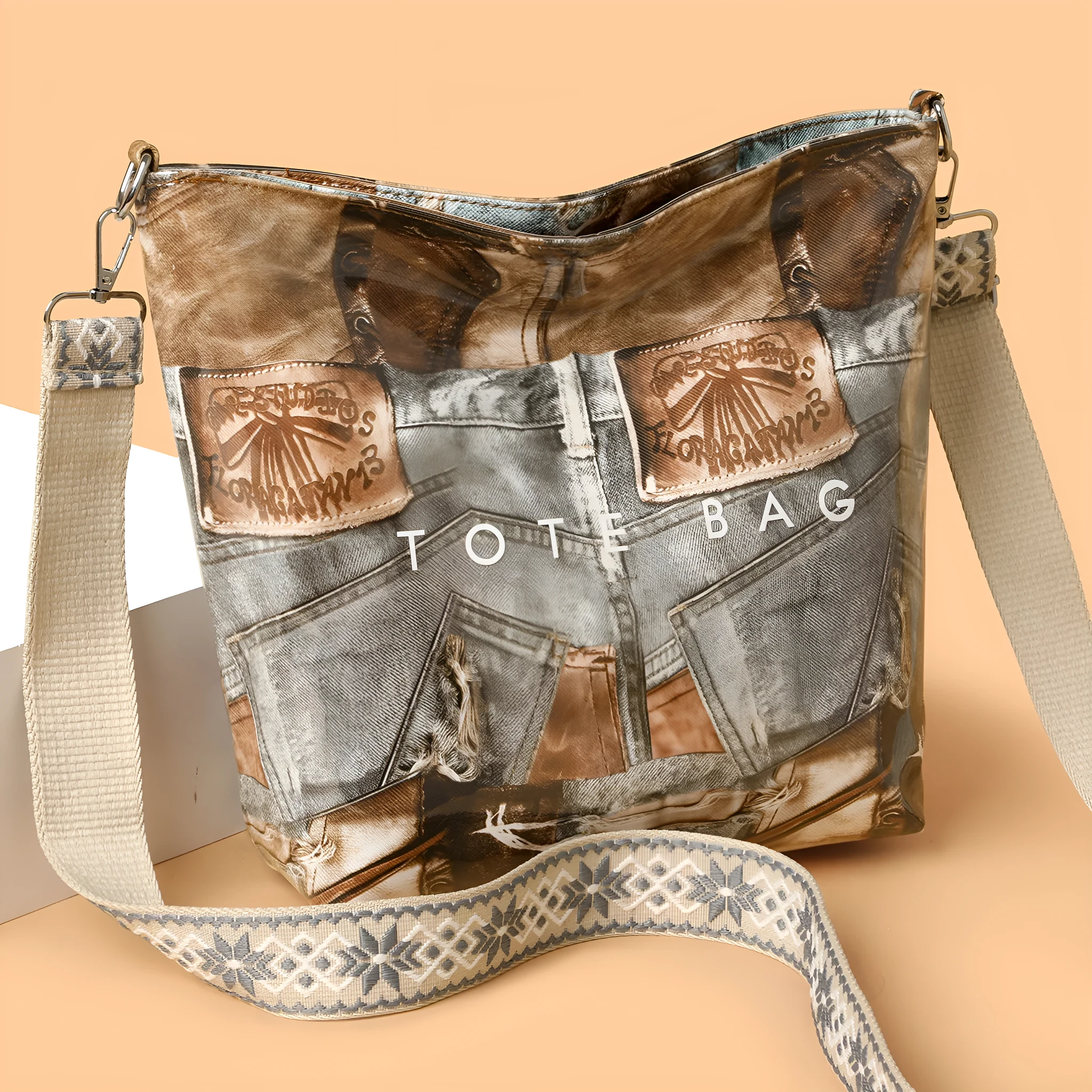Large capacity retro patchwork PVC tote bag in pink with sandwich pocket and single shoulder strap