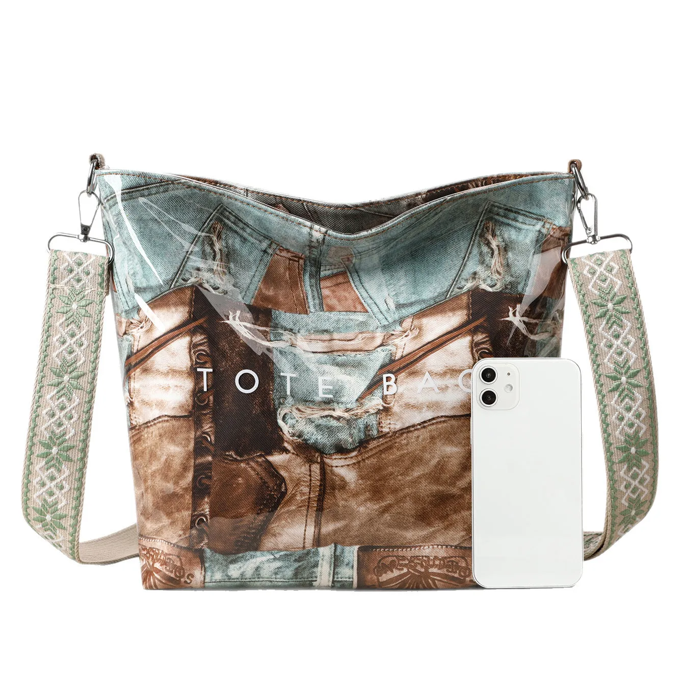 Large capacity retro patchwork PVC tote bag in pink with sandwich pocket and single shoulder strap