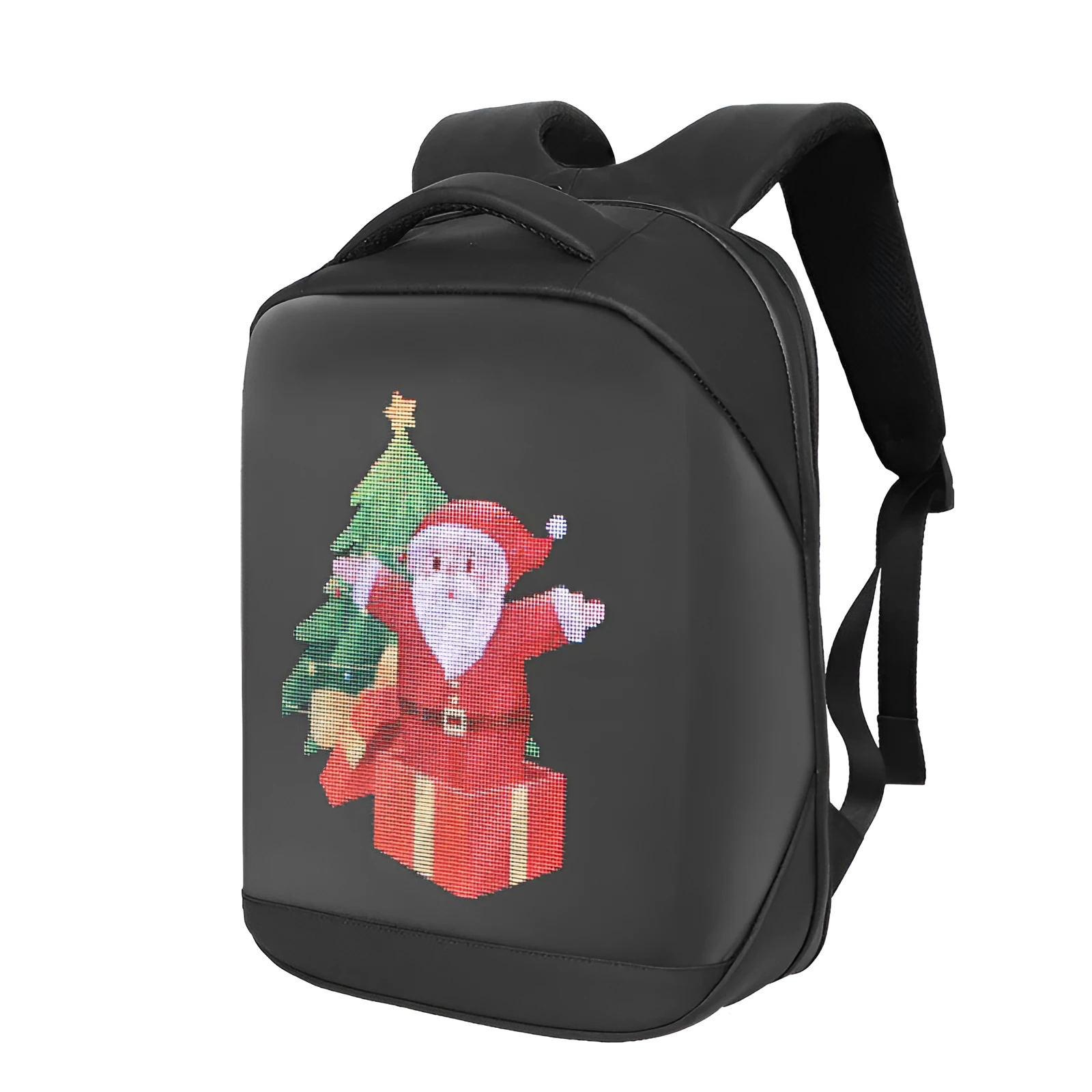 Waterproof PU leather led backpack in black with curved shoulder strap and cartoon animation pattern