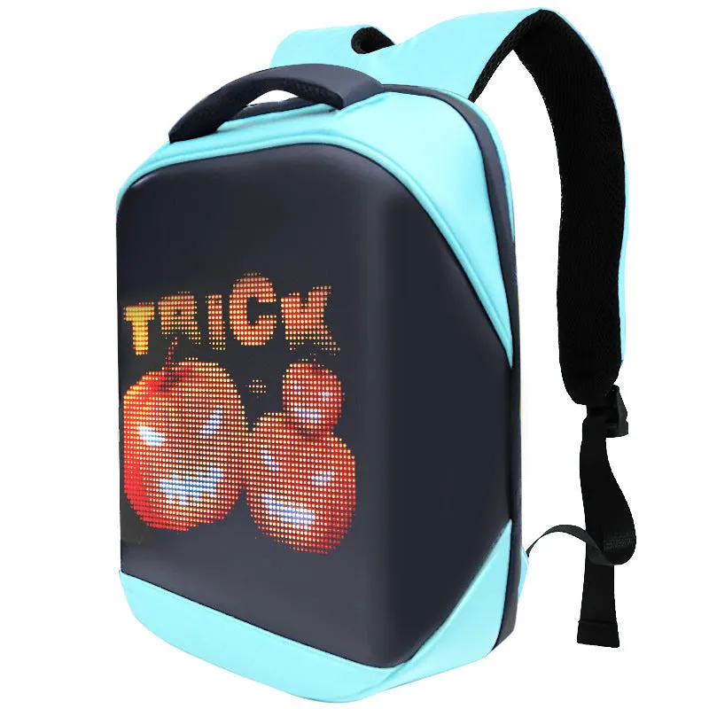 Waterproof PU leather led backpack in black with curved shoulder strap and cartoon animation pattern