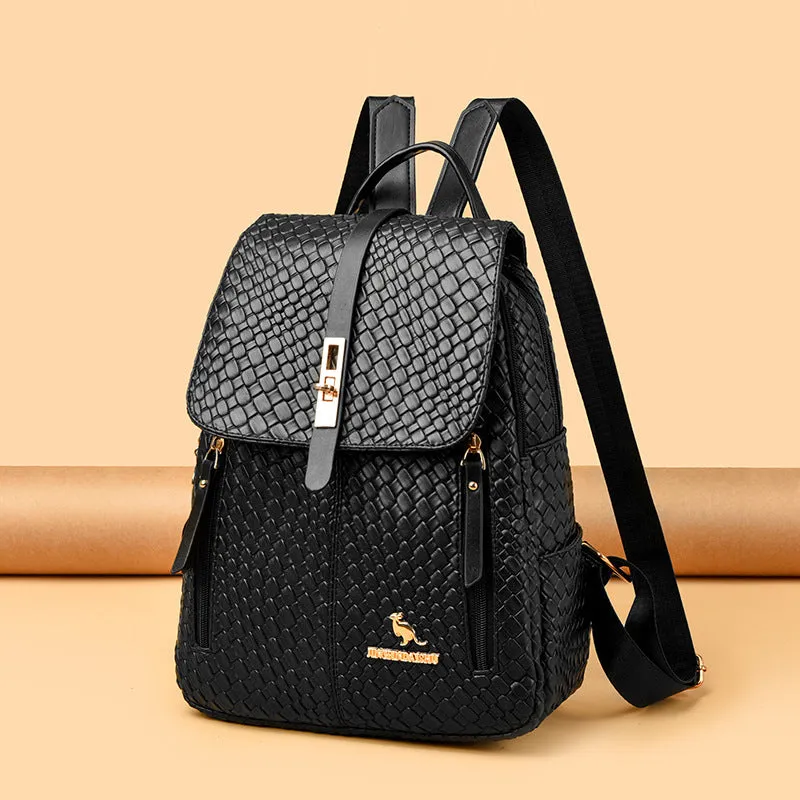 Women's large capacity waterproof PU backpack in black, medium hardness, for travel and work