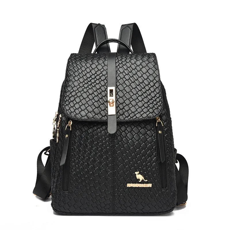 Women's large capacity waterproof PU backpack in black, medium hardness, for travel and work