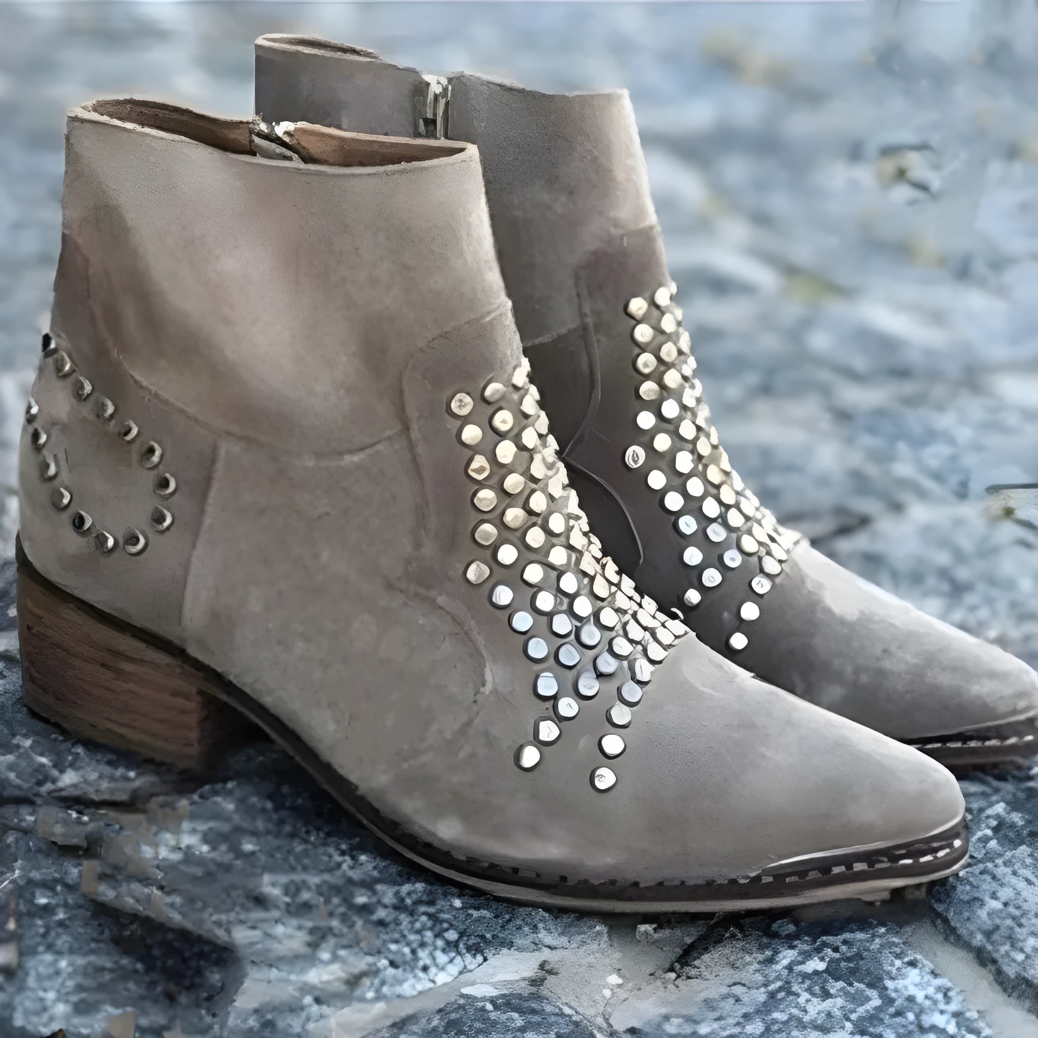 Light grey women's sequined ankle boots with chunky heel, pointed toe, side zipper, and rhinestone accents