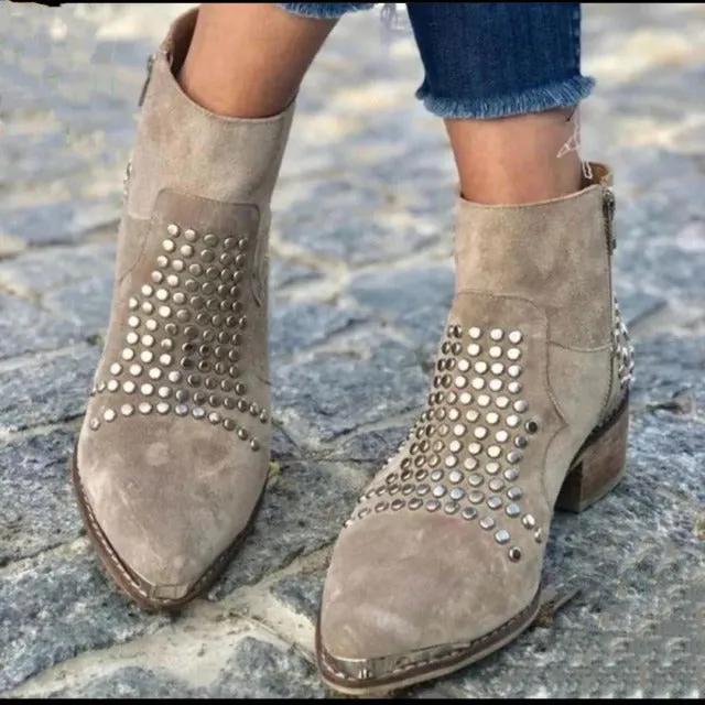 Light grey women's sequined ankle boots with chunky heel, pointed toe, side zipper, and rhinestone accents