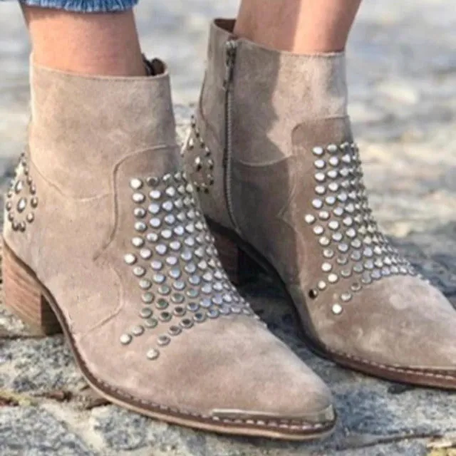 Light grey women's sequined ankle boots with chunky heel, pointed toe, side zipper, and rhinestone accents