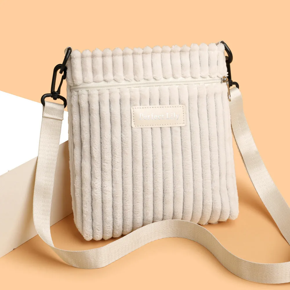 Women's corduroy shoulder messenger bag in beige, horizontal square shape, single strap