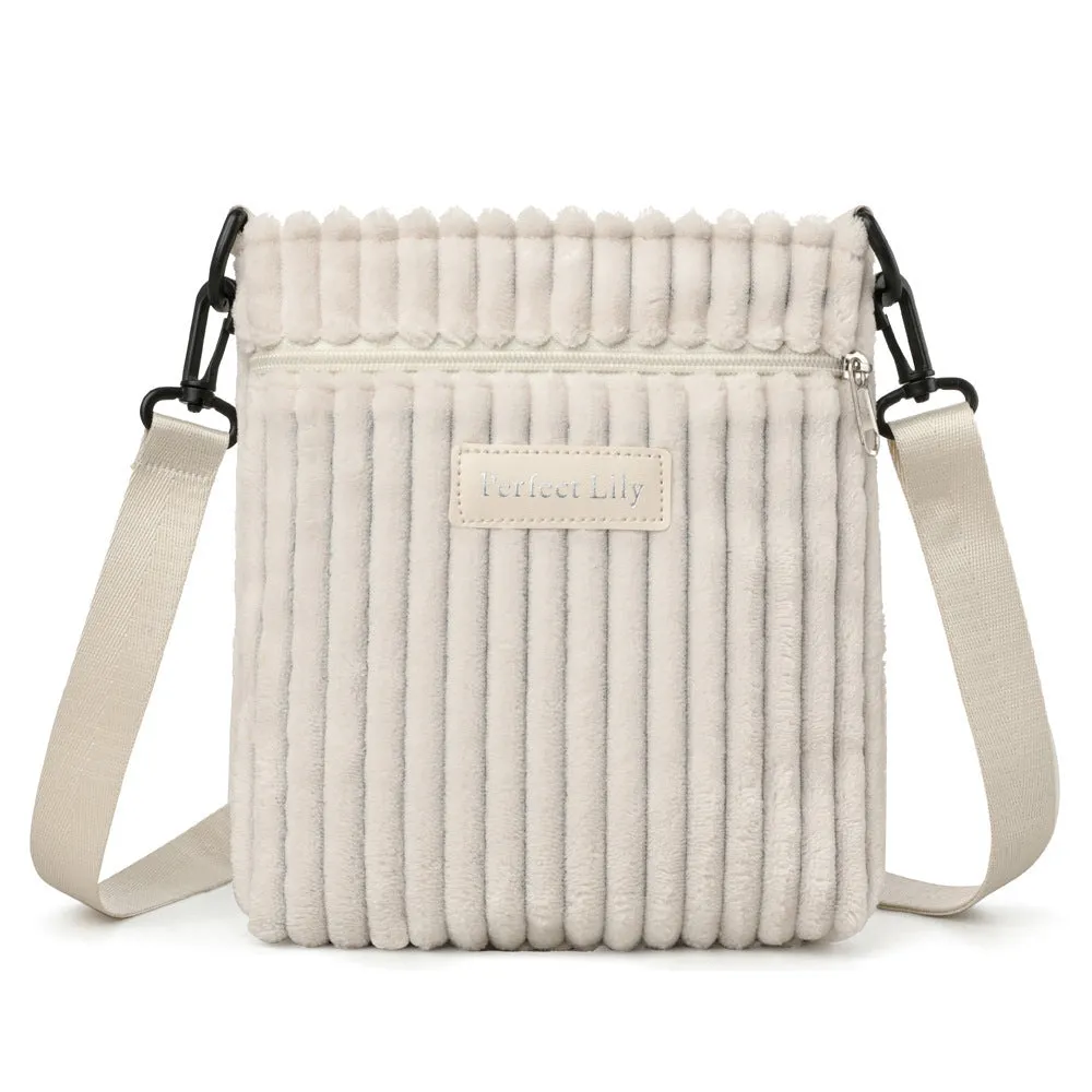 Women's corduroy shoulder messenger bag in beige, horizontal square shape, single strap