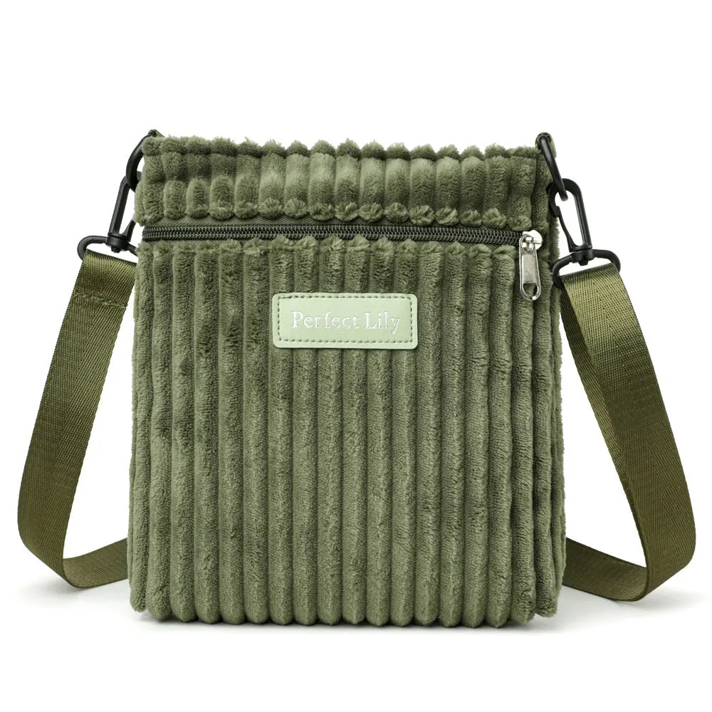 Women's corduroy shoulder messenger bag in beige, horizontal square shape, single strap