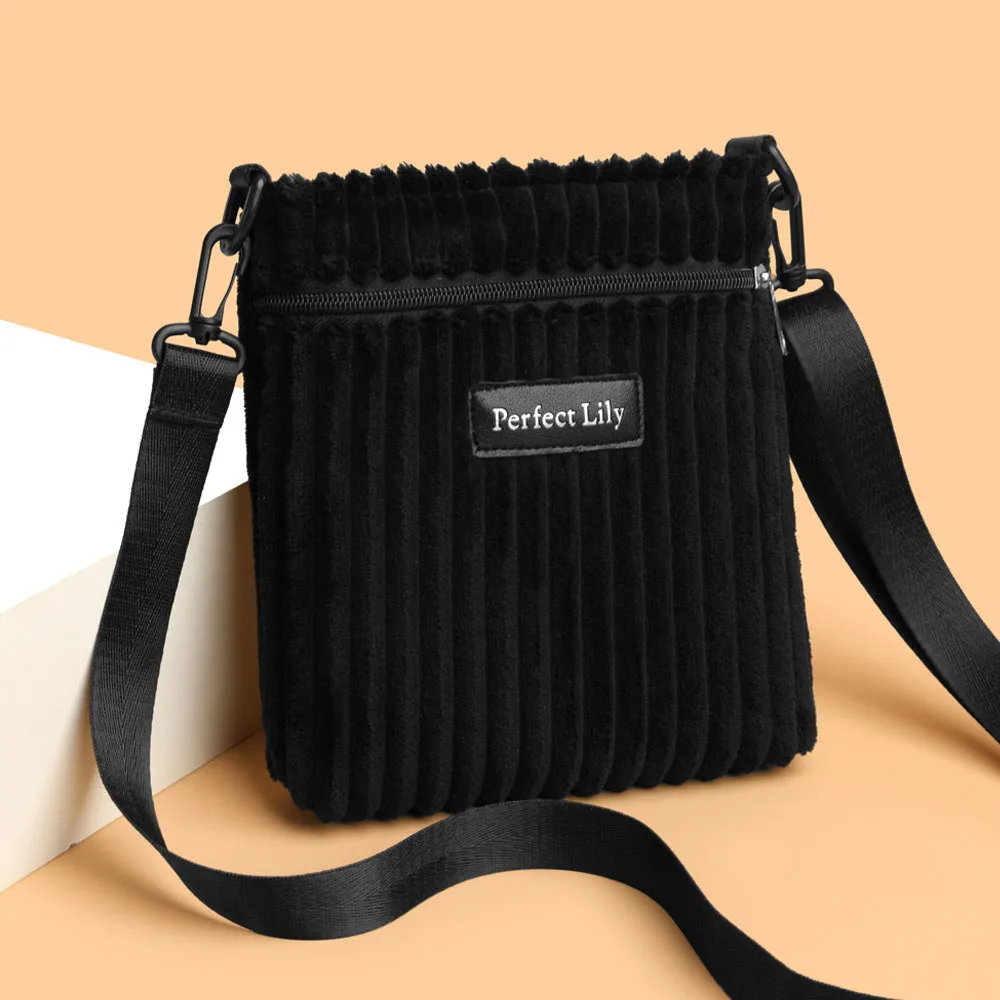 Women's corduroy shoulder messenger bag in beige, horizontal square shape, single strap