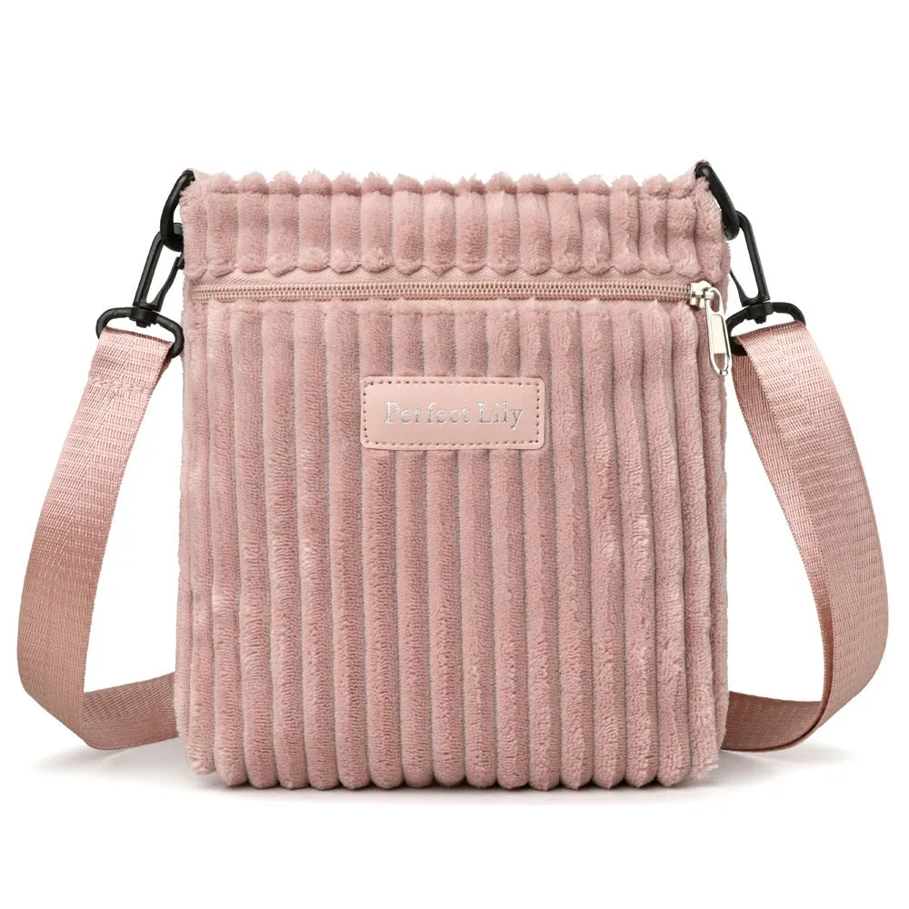 Women's corduroy shoulder messenger bag in beige, horizontal square shape, single strap
