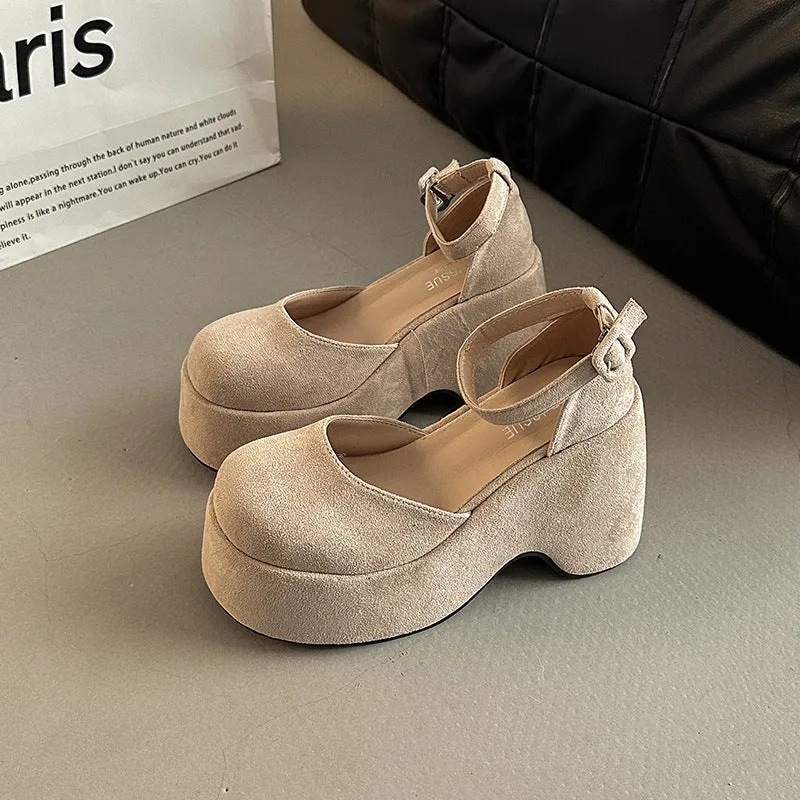 Retro closed toe buckle women's thick heel suede pump in khaki, side view with rubber sole