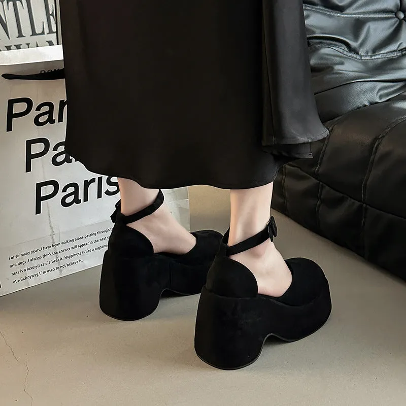 Retro closed toe buckle women's thick heel suede pump in khaki, side view with rubber sole