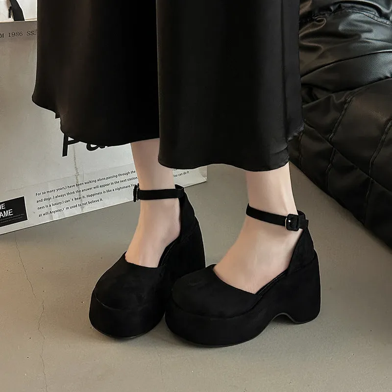 Retro closed toe buckle women's thick heel suede pump in khaki, side view with rubber sole