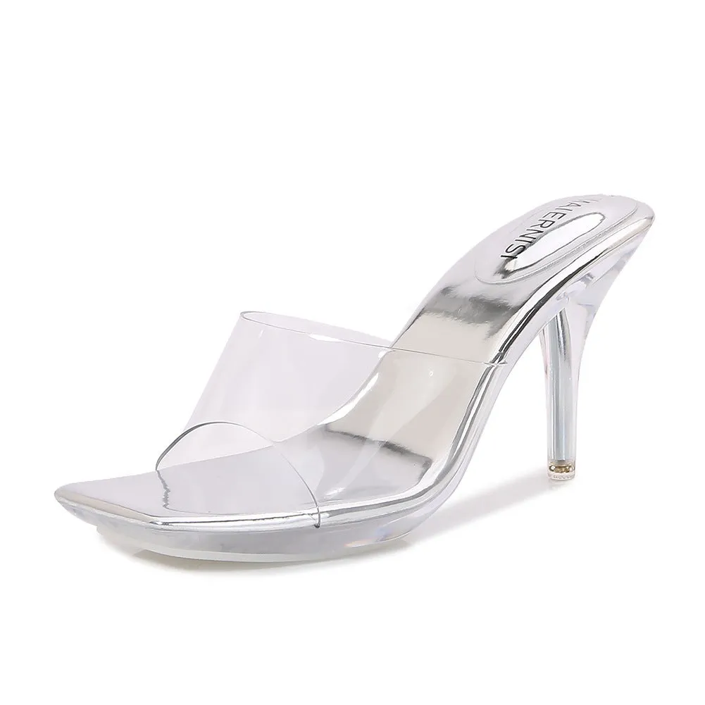 Chunky heel outdoor backless PVC slippers with super high heel over 8cm in multiple colours