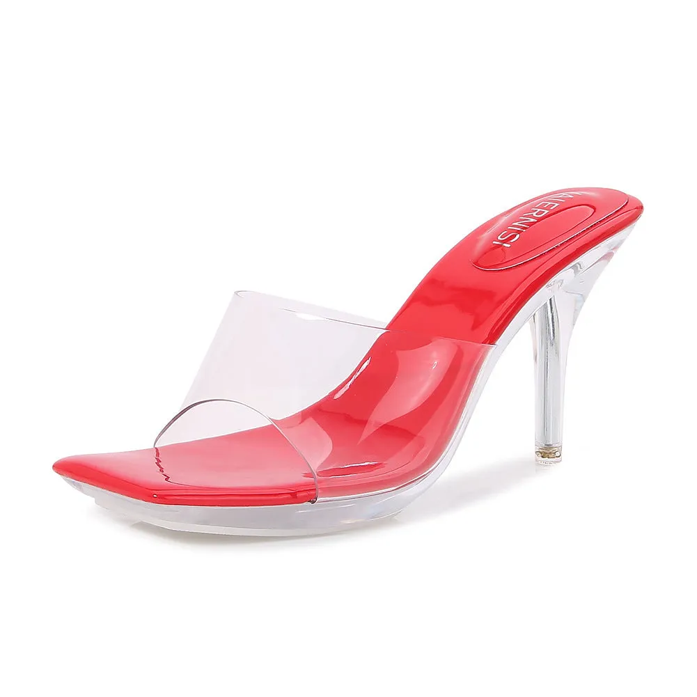 Chunky heel outdoor backless PVC slippers with super high heel over 8cm in multiple colours