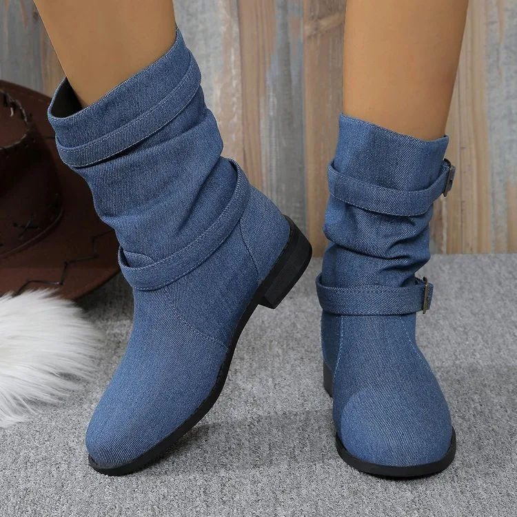 Square heel round toe women's boots in brown artificial PU with leather stitching and rubber sole