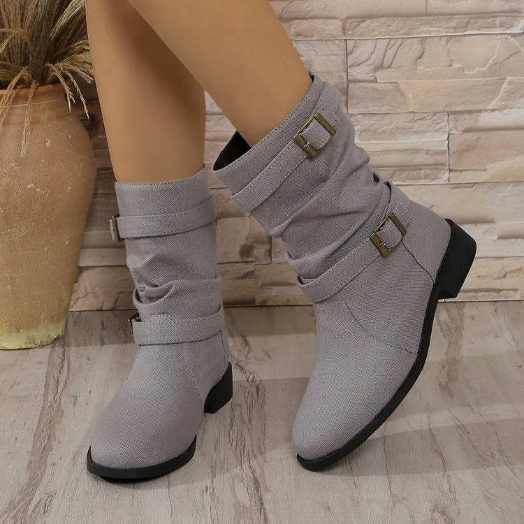 Square heel round toe women's boots in brown artificial PU with leather stitching and rubber sole