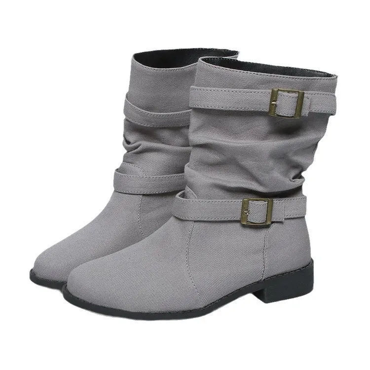 Square heel round toe women's boots in brown artificial PU with leather stitching and rubber sole