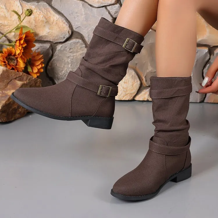 Square heel round toe women's boots in brown artificial PU with leather stitching and rubber sole